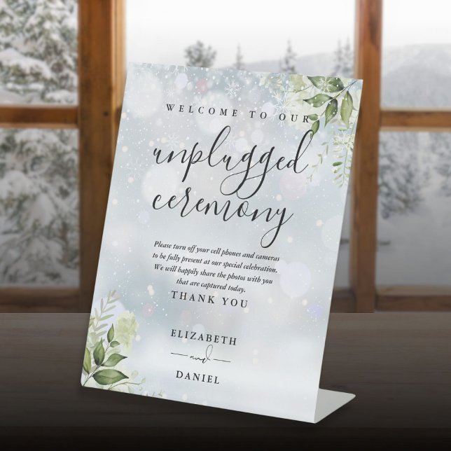 Signe De Table Cérémonie de Fleurs de Verdure d'Hiver sans Téléph (Winter Greenery Floral Unplugged Ceremony Pedestal Sign)
