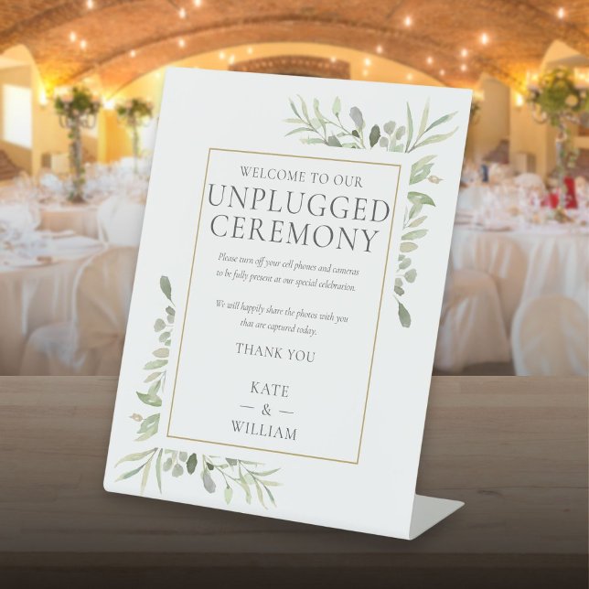 Signe De Table Cérémonie de mariage sans appareils électroniques  (Unplugged Ceremony Greenery Wedding Pedestal Sign)
