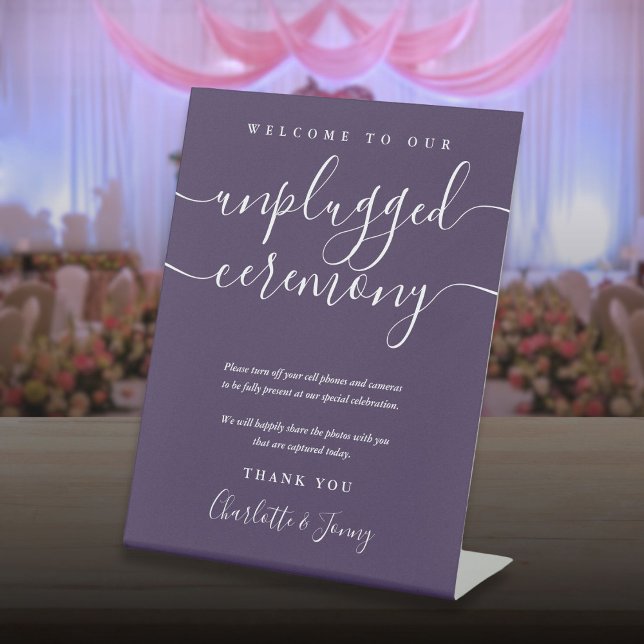 Signe De Table Cérémonie de signature violette débranchée (Purple Signature Script Unplugged Ceremony Pedestal Sign)