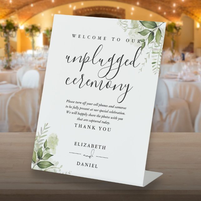 Signe De Table Cérémonie Moderne Florale Végétale Sans Appareils  (Greenery Floral Modern Unplugged Ceremony Pedestal Sign)