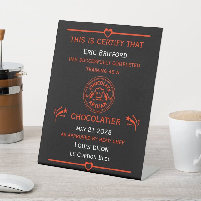 Signe De Table Certificat de fabricant de chocolatier (In SItu)