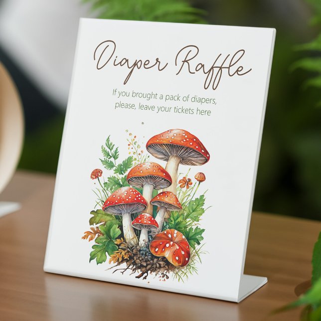 Signe De Table Champignons de la forêt sauvage baby shower tombol (Wild forest mushrooms baby shower diaper raffle pedestal sign personalized table decor)
