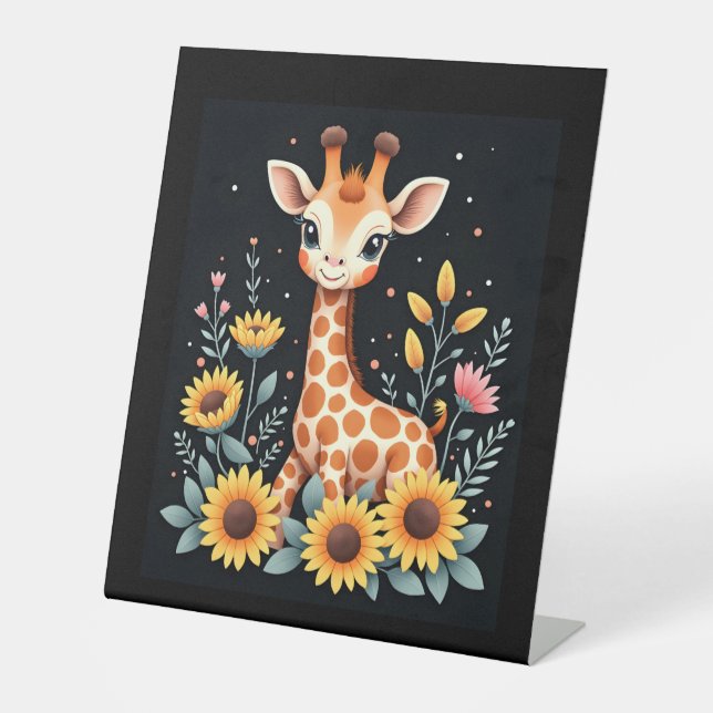Signe De Table Charmante Giraffe Entourée De Fleurs Longues Manch (Recto)
