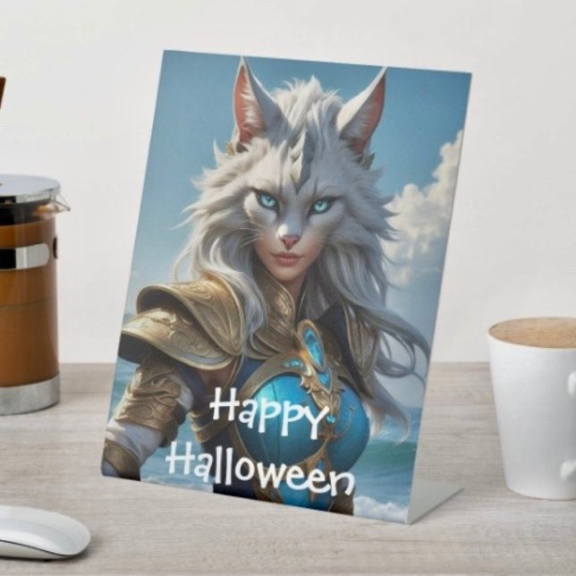 Signe De Table Chat aux yeux bleus méchants (D: 8" x 10" display with 3" pedestal base. Available in 4 sizes Made of 1/16" white plastic.
)