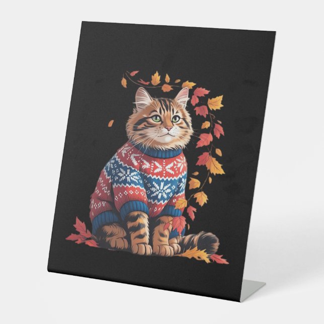 Signe De Table Chat Leaf Automne Bonjour Automne Funny Chat Kitte (Recto)