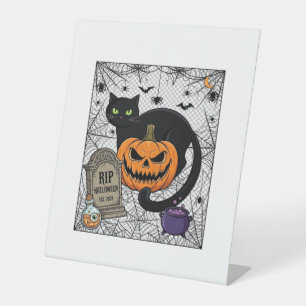 Signe De Table Chat noir d'Halloween Citrouille Pierre tombale Ch