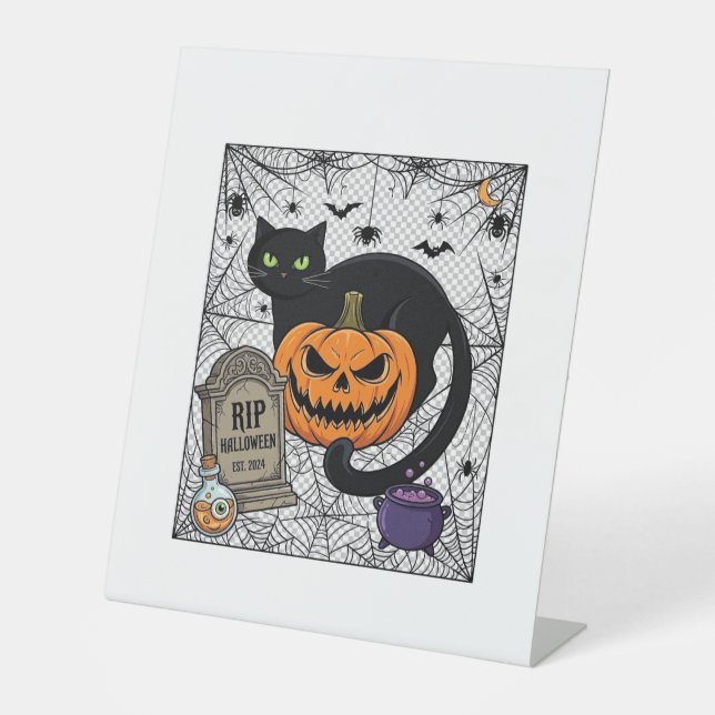Signe De Table Chat noir d'Halloween Citrouille Pierre tombale Ch (Recto)