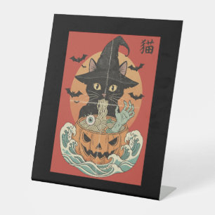 Signe De Table Chat noir mange du ramen japonais pour Halloween