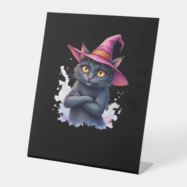 Signe De Table Chat noir mignon en sorcier Casquette - Halloween  (Recto)