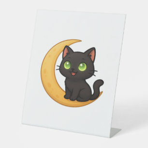Signe De Table Chat noir souriant aux yeux verts brillants assis