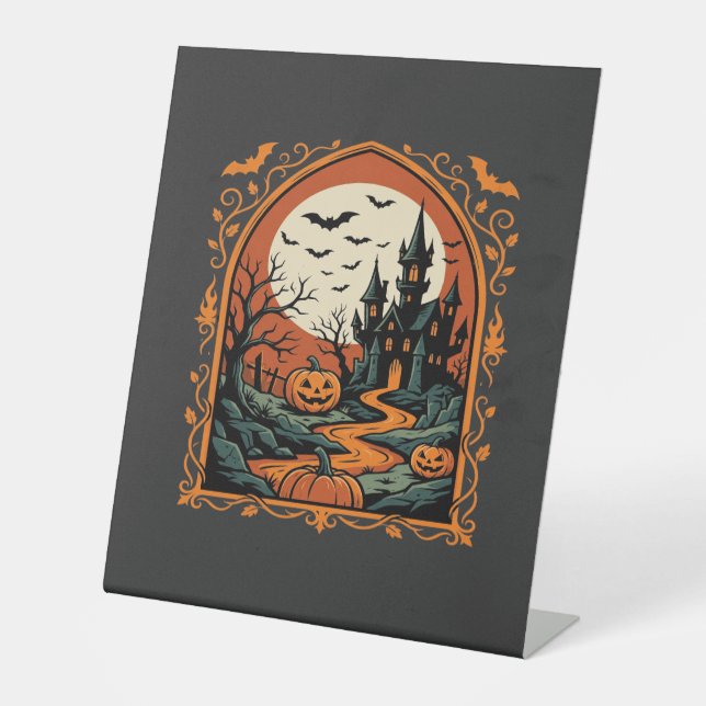 Signe De Table Château Hanté Halloween Citrouille Lune Vector Art (Recto)