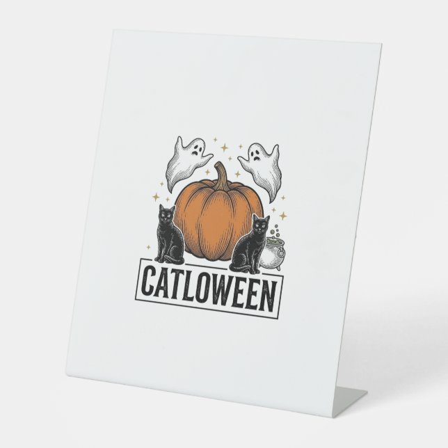Signe De Table Chatoween Chat Noir Fantôme Halloween Conception V (Recto)