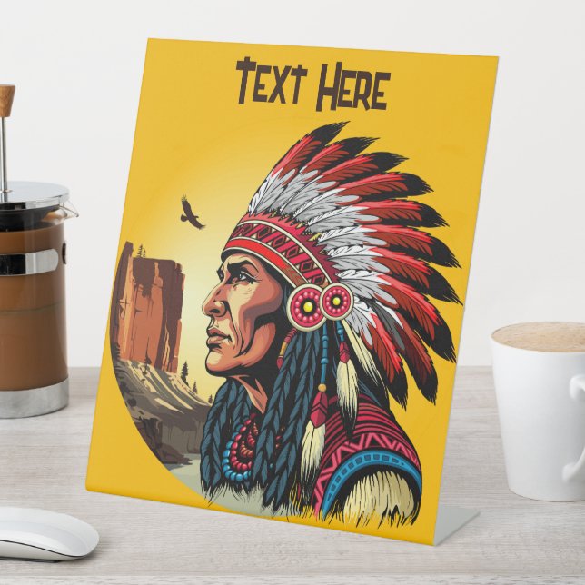 Signe De Table Chef amérindien sur paysage sauvage coucher de sol (In SItu)