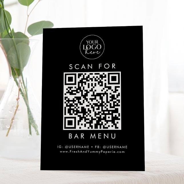 Signe De Table Chic Black Business Logo Bar Menu QR Code (Créateur téléchargé)