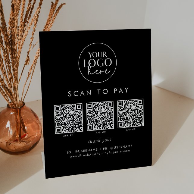 Signe De Table Chic Black Business Logo QR Code numérisation pour (Créateur téléchargé)