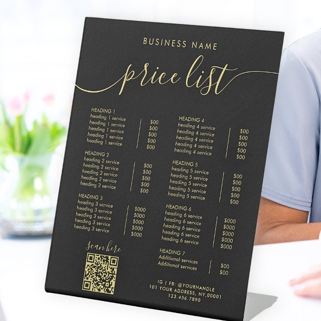 Signe De Table Chic Black Gold Calligraphie QR Code Prix (Créateur téléchargé)