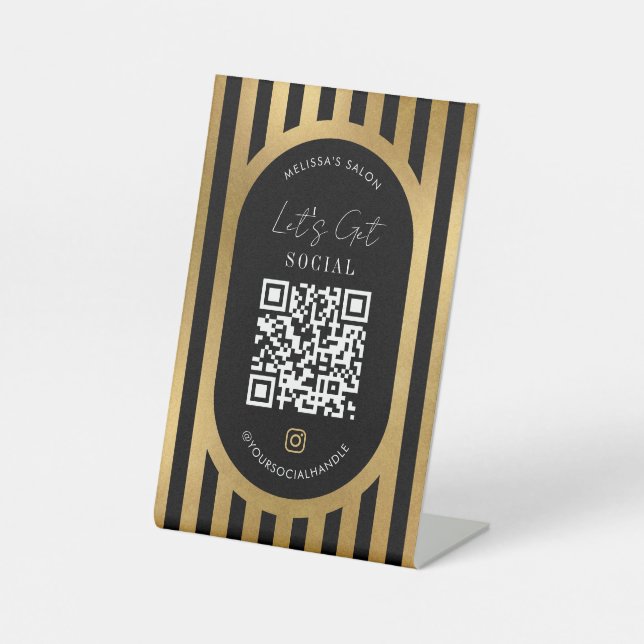 Signe De Table Chic Black & Gold Stripes Social Media QR Code (Recto)