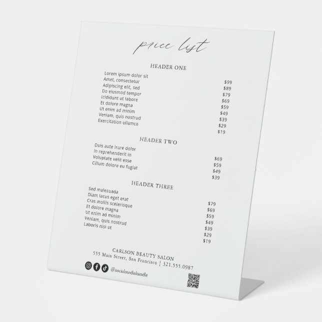 Signe De Table Chic Calligraphie Simple Elégant Tarif (Recto)