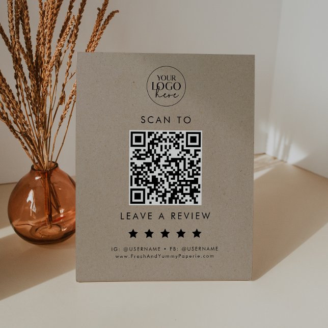Signe De Table Chic Faux Kraft Logo QR Code Laisser Un Avis (Créateur téléchargé)