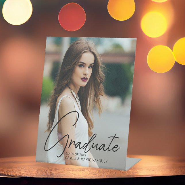 Signe De Table Chic Graduate Photo Black Script Graduate Party (Créateur téléchargé)