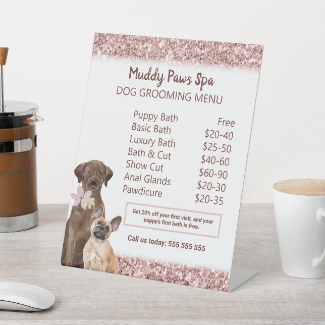 Signe De Table Chic Rose Gold Chien Grooming Menu Personnalisable (In SItu)