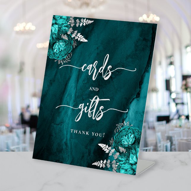 Signe De Table Chic Teal Blue Silver Floral Wedding Cards Gifts (Créateur téléchargé)
