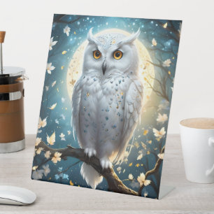 Signe De Table Chouette À Neige Et Lune Avec Étincelle,