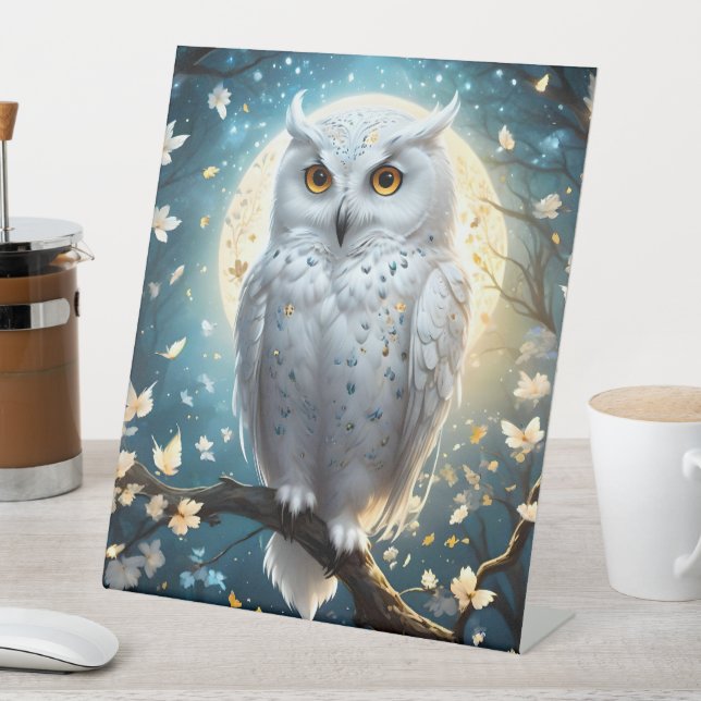 Signe De Table Chouette À Neige Et Lune Avec Étincelle, (In SItu)