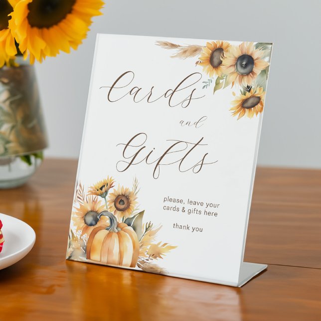 Signe De Table Chute d'amour boho citrouille tournesols table cad (Fall in love boho pumpkin sunflowers bridal shower gifts table pedestal sign personalized decor)