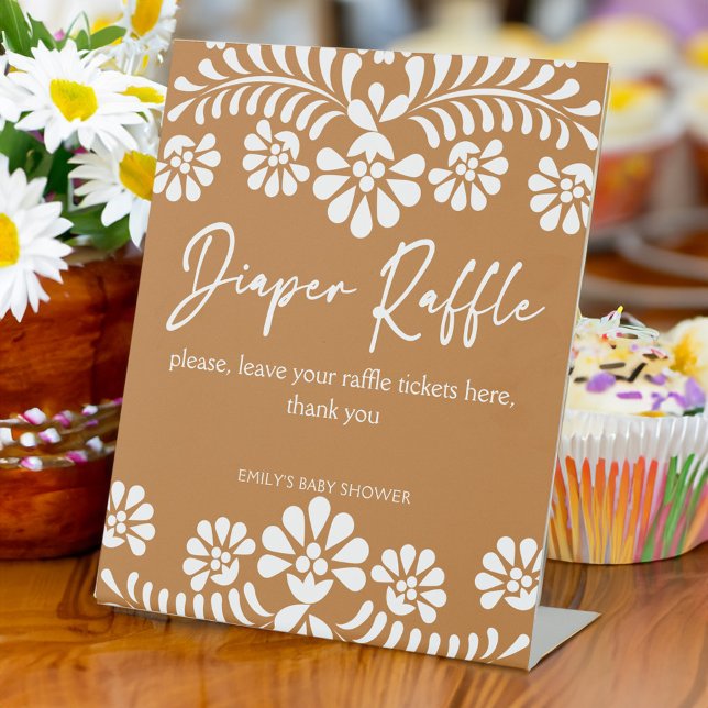 Signe De Table Cielito lindo terracotta baby shower tombole (Cielito lindo terracotta Mexican fiesta Papel Picado  baby shower diaper raffle pedestal sign)