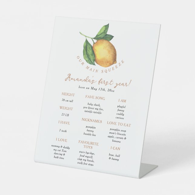 Signe De Table Citron Premier Anniversaire Milestone Anniversaire (Recto)