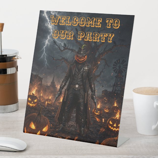 Signe De Table Citrouille de sheriff cowboy d'Halloween effrayant (In SItu)