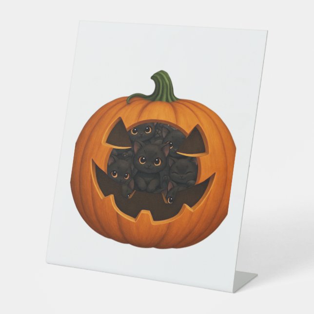 Signe De Table Citrouille plein de chatons - Chat noir mignon Hal (Recto)