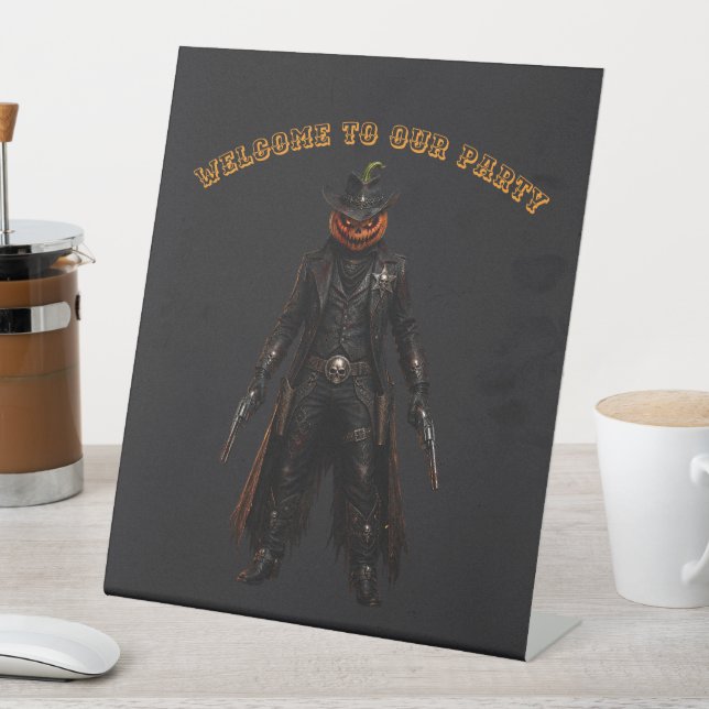 Signe De Table Citrouille sinistre Sheriff Cowboy Jack-o'-Lantern (In SItu)