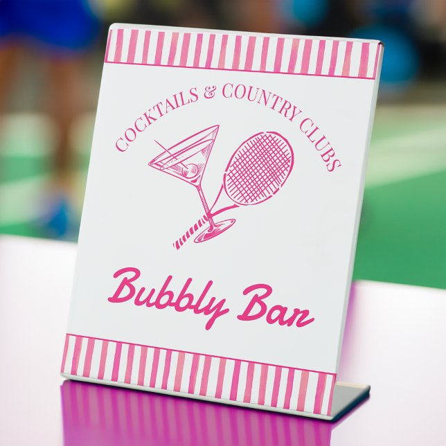 Signe De Table Cocktails et country clubs tennis Bachelorette (Cocktails and country clubs pink tennis themed Bachelorette party bubbly bar Pedestal Sign)