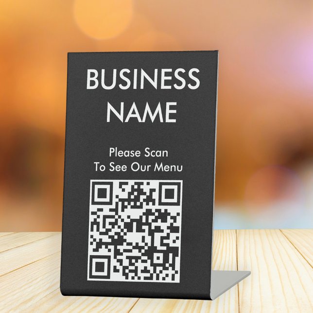 Signe De Table Code QR Café Menu Gros Caractères Noir (Stylishly Personalize with Your Business Name & QR Code.)