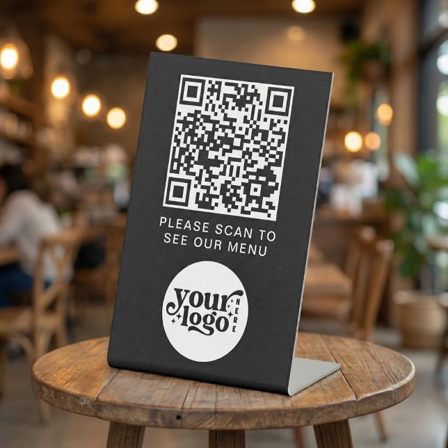 Signe De Table Code QR Café Moderne Sans Contact Logo Menu Noir (QR Code Black Menu Logo Contactless Modern Cafe Pedestal Sign)