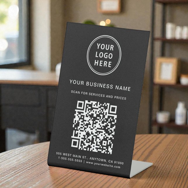 Signe De Table Code QR de connexion Scan Logo Entreprise Noir (Business Logo Scan Me QR Code Black Pedestal Sign)