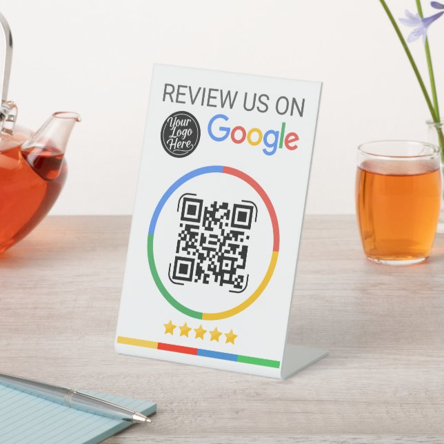 Signe De Table Code QR de Google Review avec Étoiles Blanc (In SItu)