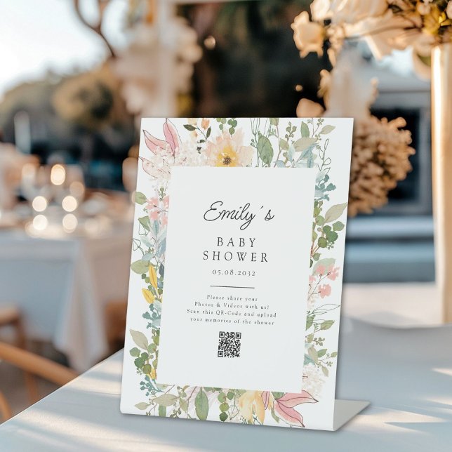 Signe De Table Code QR de la Baby Shower Charme de Jardin de Fleu (Custom Wildflower Garden Charm Baby Shower QR Code Pedestal Sign, for a Photo Gallery.)