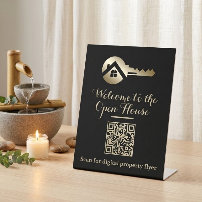 Signe De Table Code QR de la clé dorée de luxe immobilier noir  (Créateur téléchargé)