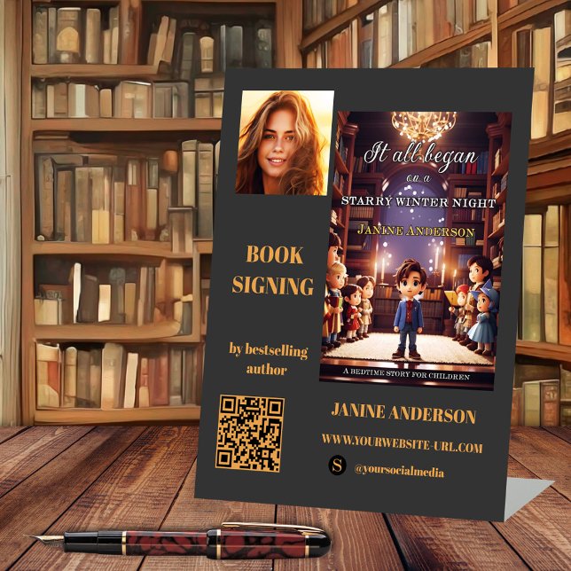 Signe De Table Code QR de la signature du livre de l'auteur (Author book signing business tabletop sign template. With custom photos, QR code and social media )