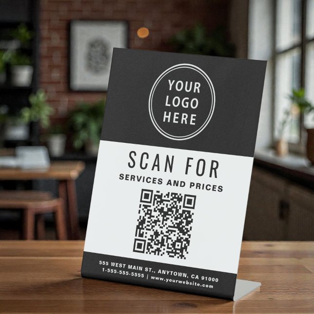 Signe De Table Code QR de l'entreprise Logo Noir Blanc (Business QR Code Logo Black White Pedestal Sign)