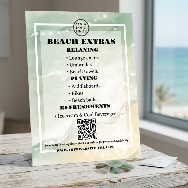 Signe De Table Code QR de location de plage côtière (Pedestal sign featuring an elegant soft seafoam watercolor design for beach rentals and refreshments)