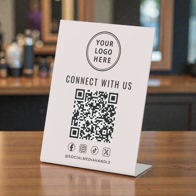 Signe De Table Code QR de logo d'entreprise sur présentoir rose (Business Logo QR Code Pink Tabletop Pedestal Sign)