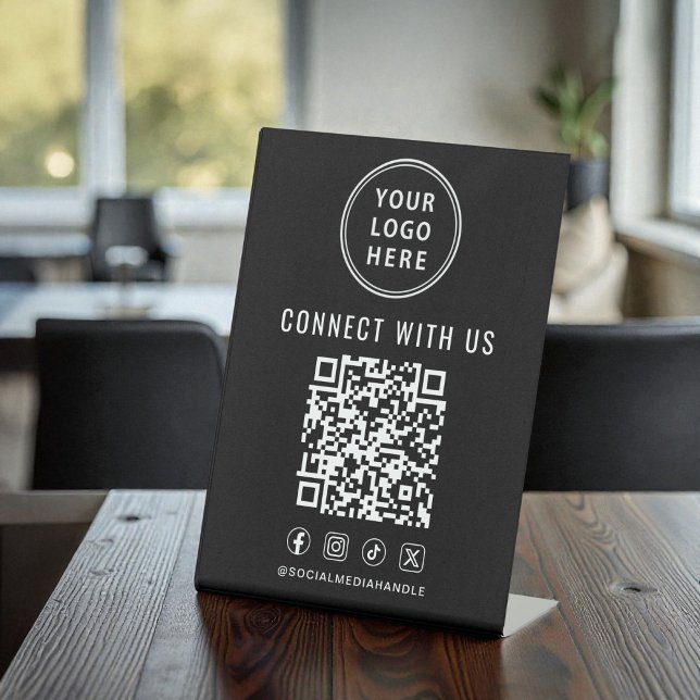 Signe De Table Code QR de logo d'entreprise sur table noir (Business Logo QR Code Black Tabletop Pedestal Sign)