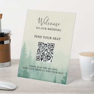 Signe De Table Code QR de mariage forestier aux pins aquarelle ru