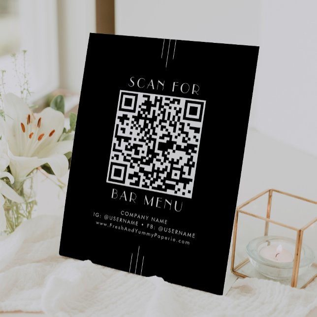 Signe De Table Code QR de menu de bar noir Art Déco moderne EVERL (EVERLY Modern Art Deco Black Bar Menu QR Code Pedestal Sign)