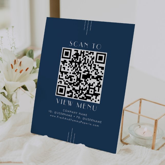 Signe De Table Code QR de menu de restaurant Art Déco bleu marine (EVERLY Art Deco Navy Blue Restaurant Menu QR Code Pedestal Sign)