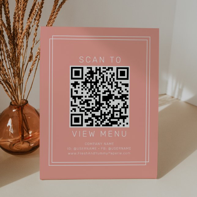 Signe De Table Code QR de menu de restaurant Avery Minimal Blush  (AVERY Minimal Blush Peach Restaurant Menu QR Code Pedestal Sign)